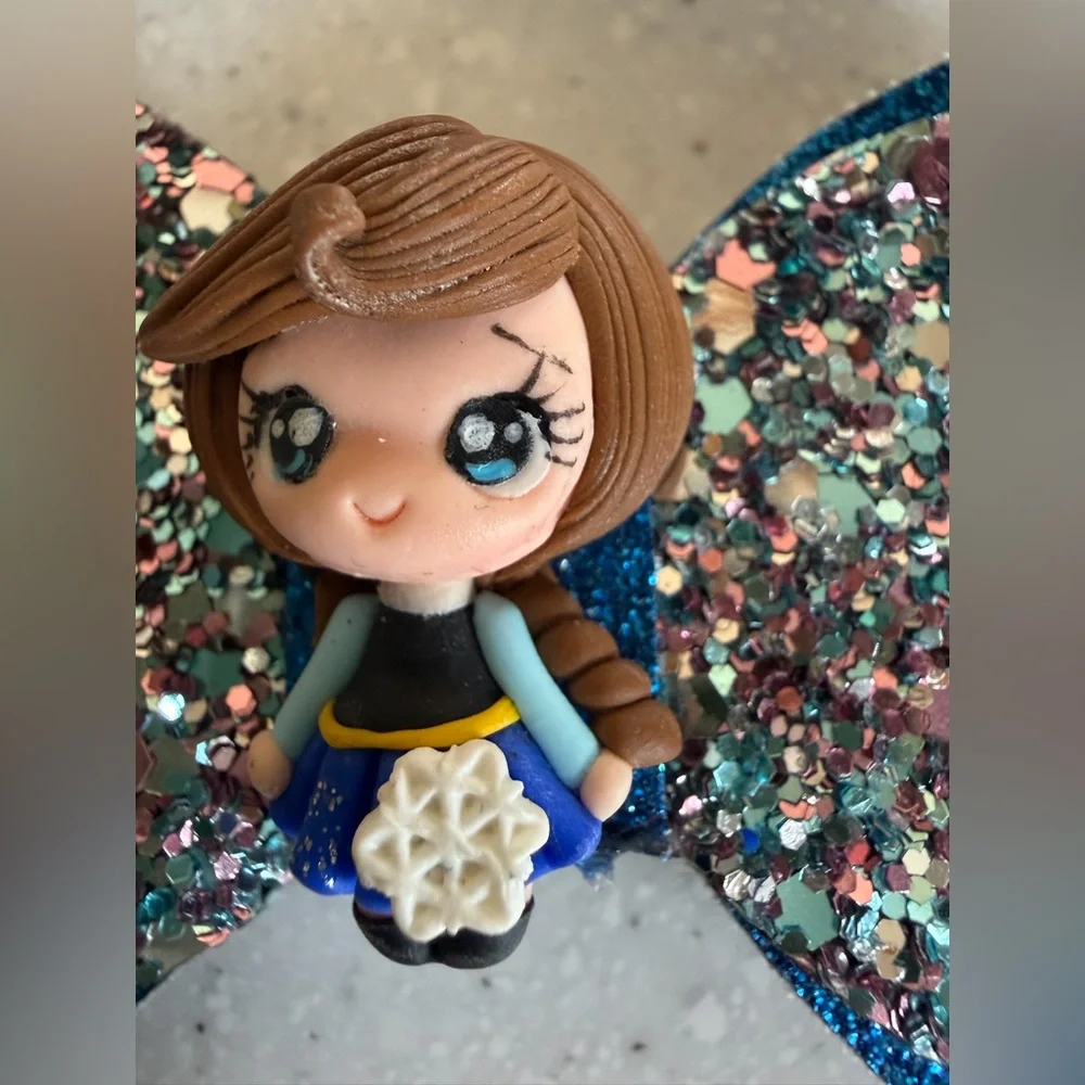 Disney Frozen Anna Inspired Blue Snowflake & Glitter Bow Hair Clip Set. Sparkly!
